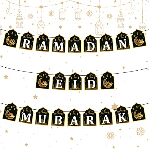 WATINC 2 in 1 Ramadan Banner Eid Mubarak Decoration, Ramadan Kareem Hanging Banners Decor, No DIY Needed Eid Al-Fitr Iftar Party Favor Hang Garland Supplies for Home Tree Fireplace Wall (10 Feet) - color: Black