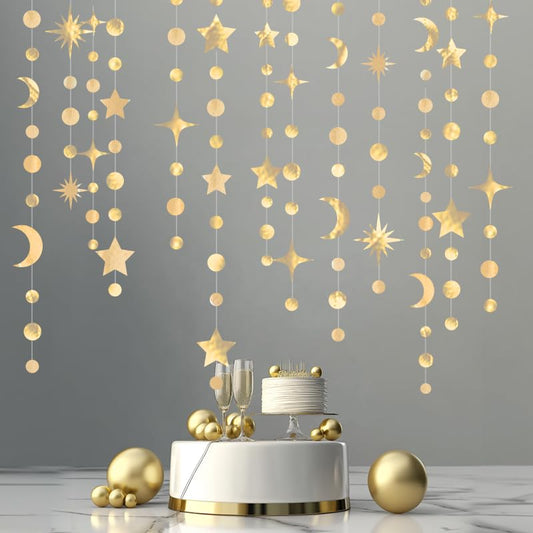4 Pack Champagne Star Moon Circle Dot Garland, 46ft Champagne Hanging Star Moon Dot Ceiling Streamer Decorations for Birthday Wedding Eid Mubarak Ramadan Christmas New Year Party Décor - color: Champagne