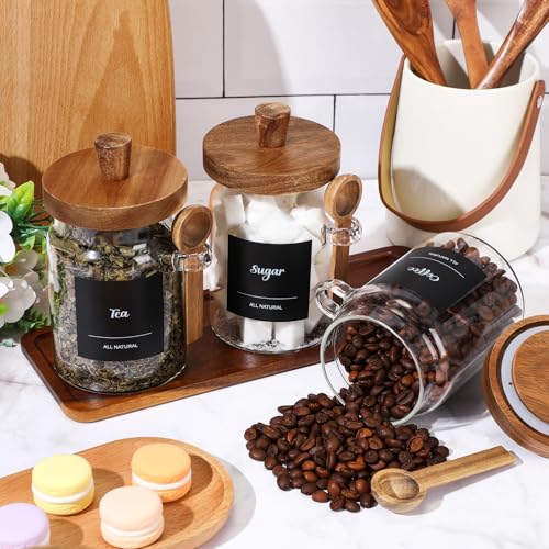 3 Pcs Glass Coffee Container with Wooden Lid Spoon Shelf Labels Clear Airtight Jar Food Storage Canister Set for Sugar Spice Coffee Bean Holder Housewarming Gift(20 oz,Acacia Brown) - size: 20 oz
