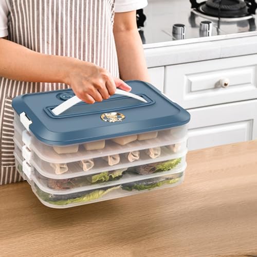 Food Storage Containers with Lids, Plastic Cookie Storage Containers Airtight, 4-Layer Stackable Food Containers Dumpling Storage Box, Blue - color: Blue