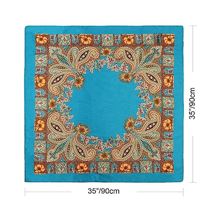 DRESHOW 35” Large Square Satin Head Scarf - 4Pcs Silk Accessories Classic Patterned Squares Beach Bandanas for Women - color: 4 Pcs: Blue, White, Camel, Black