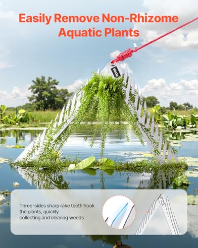VEVOR 24in Aquatic Weed Rake, 3-Sided Lake Weed Rake with Handle, Portable and Foldable Pond Water Grass Razor, Stainless Steel Throwable Floating Pond Weeds Cutter with 30 ft Rope, for Lakes Ponds - size: 24in