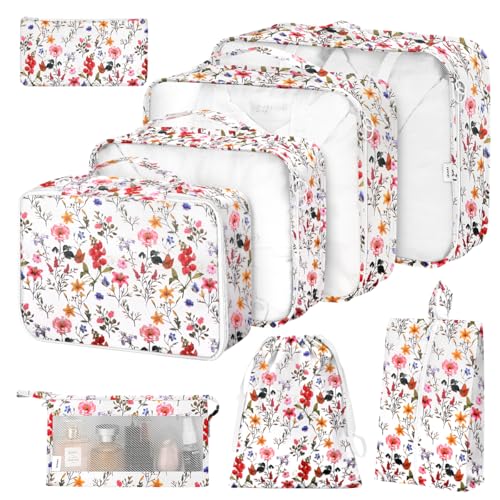 8 Set Packing Cubes for Suitcases, Packing Cube with Shoe, Cosmetics, Clothing, and Accessories Bags for Travel Luggage Organizer Women Men(Retro Flowers) - color: Retro Flowers