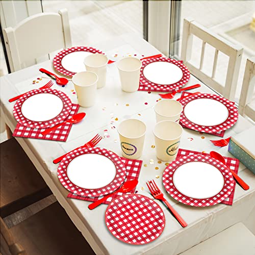 Tevxj 96 PCS Picnic Party Plates Red and White Gingham Checkered Plaid Party Tableware Barbecue Disposable Paper Plates Napkins Forks Birthday Party Decorations Supplies Favors for 24 Guests - style: Red and White Checkered
