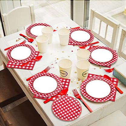 Tevxj 96 PCS Picnic Party Plates Red and White Gingham Checkered Plaid Party Tableware Barbecue Disposable Paper Plates Napkins Forks Birthday Party Decorations Supplies Favors for 24 Guests - style: Red and White Checkered