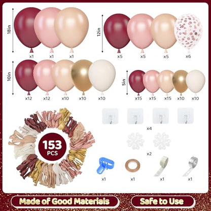 Amandir 153피스 버건디 풍선 아치 가랜드 키트 다양한 사이즈 45.7cm(18인치), 30.5cm(12인치), 25.4cm(10인치), 12.7cm(5인치), 펄 샴페인 로즈 골드 컨페티, 화이트 마룬 풍선 어머니 웨딩 생일 - color: 버건디