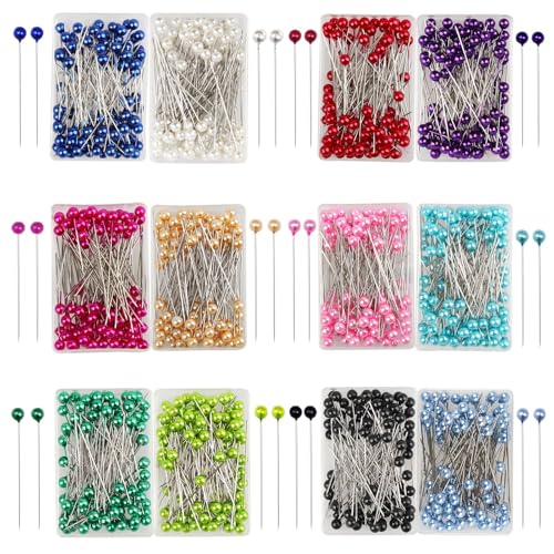 BLMHTWO 1200 Pieces Sewing Pins Pearl Head Straight Pins Straight Pins Sewing with Box Quilting Pins with Colored Ball Glass Head for Fabric Crafts Dressmaking DIY Jewelry Decoration Sewing Projects