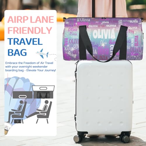 Custom Dance Bag with Name for Travel, Purple Blue Galaxy Background | Personalized Large Sports Duffle Bag Gym Cheer Bag - color: Purple Blue