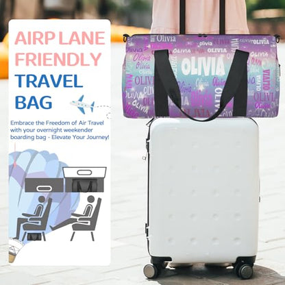 Custom Dance Bag with Name for Travel, Purple Blue Galaxy Background | Personalized Large Sports Duffle Bag Gym Cheer Bag - color: Purple Blue