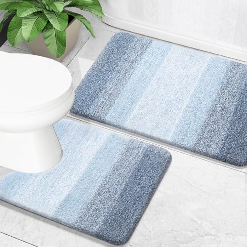 OLANLY Micorfiber Bathroom Rug Set 2 Piece, Soft Absorbent Bath Mats, Blue - color: Blue, size: 30" X 20" + U24" X 20"