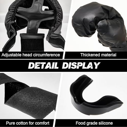 Kanayu 14 Pcs Boxing Gloves and Headgear Set for Beginners Youth 16 Ounce Boxing Gloves Headgear Helmet Hand Wraps Mouth Guards Equipment for Beginners Training Equipment Gifts - color: Black, White