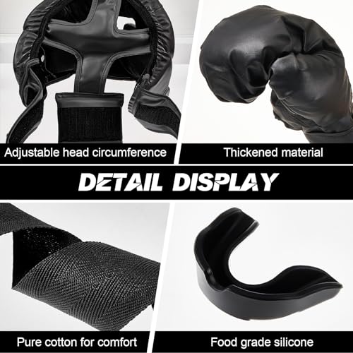 Kanayu 14 Pcs Boxing Gloves and Headgear Set for Beginners Youth 16 Ounce Boxing Gloves Headgear Helmet Hand Wraps Mouth Guards Equipment for Beginners Training Equipment Gifts - color: Black, White