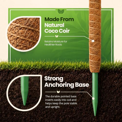 K-Brands 48'' Bendable Moss Pole Monstera Plant Support - Coconut Palm Fiber - Brown - Rectangular - Climbing Plant Support Structure - size: 1-Pack (48 in)