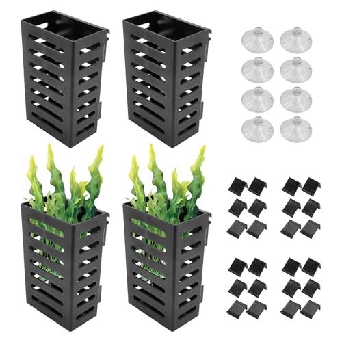 4 PCS Aquarium Plant Holder with Suction Cups, Fish Tank Plant Holder | Fish Tank Hanging Pots with 24 Hooks and 8 Suction Cups, Aquatic Plant Pots for Aquarium Decorations Plants