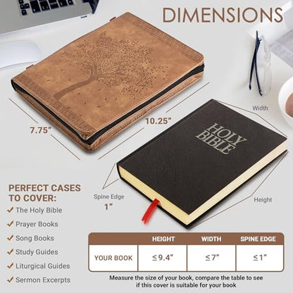 ‘Angel Treasures’ Bible Cover with Engraved Tree of Life Design| Genuine Faux PU Leather Book Protector Case with Handle, Zipper, Pockets & Pen Slots