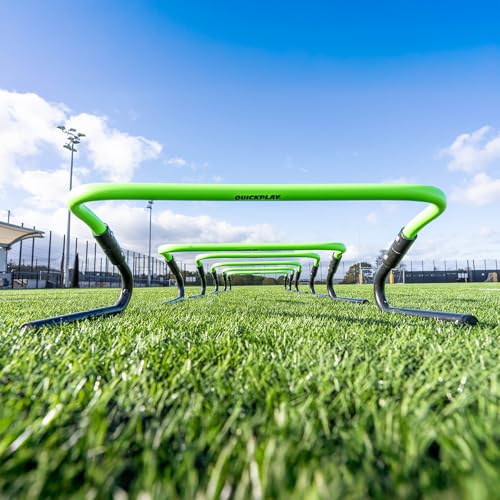 QUICKPLAY Adjustable Speed Hurdles Set of 6 - Soccer Training Hurdles for Agility Drills, 6in 9in 12in Height Settings, Portable Football Agility Hurdles with Carry Bag | 3-in-1 heights: 6, 9 & 12 in, Quick-click adjust, Footwork & plyometric drills, Port