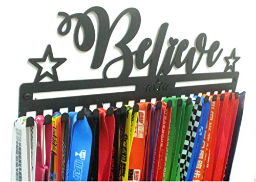Metal Wall Mount Motivational Medal Hanger Display and Lanyard Ribbon Holder - Ribbon Display Rack with Easy Hanging Hooks & Simple Install, Gifts for Kids & Adults - style: Believe