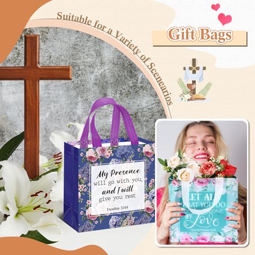 Riakrum 16 Pcs Religious Gift Bags Bulk for Women, Non Woven Christian Gift Bag with Handle, Reusable Flower Religious Baptism Bible Verse Tote for Eid Easter Catholic Theme Party Favors