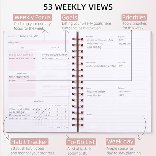 Undated Weekly and Monthly Planner Spiral Bound- Weekly Goals Notebook, To Do List, Habit Tracker Journal, Academic, Aesthetic, Stylish School or Office Supplies (6.1" x 8.4" - Pink) - color: C-Pink