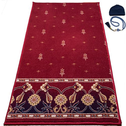 Modefa Turkish Islamic Luxury Prayer Carpet - Large Plush Velvet Rolled Kilim Rug - Thick Janamaz for Men & Women Ramadan or Eid Gift with Tesbih Prayer Beads & Kufi (Floral Red)