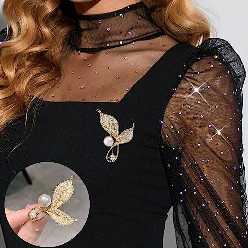 Crystal Pearl Flower Brooches Pins Fashion Beautiful Created Rhinestone Floral Brooch Good Idea for Party Dance Wedding Banquet for Elegant Women Girl - color: Gold Leaves