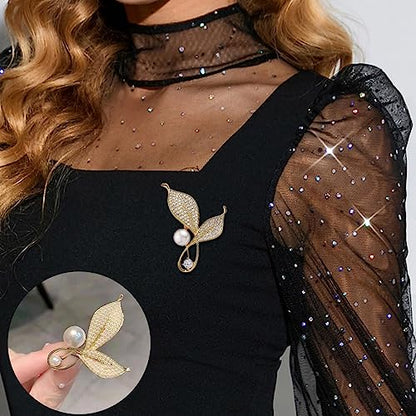 Crystal Pearl Flower Brooches Pins Fashion Beautiful Created Rhinestone Floral Brooch Good Idea for Party Dance Wedding Banquet for Elegant Women Girl - color: Gold Leaves