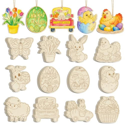 36피스 나무 부활절 장식품, 6가지 스타일 DIY 빈 미완성 나무 계란 컷아웃 장식품 공예 걸이 장식 행복한 부활절 할로윈 계란 토끼 나비 꽃 암탉 - color: Hallow.Easter