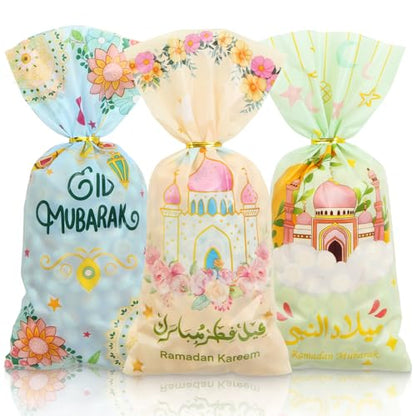 Unigift 50 Pcs Eid Mubarak Treat Bags with Twist Tie,Ramadan Party Favor Bag Crescent Moon Star Castle Pattern Eid al-Fitr Kareem Goodie Candy Bag Cookies Snack Gift Bags for Muslim Party Supply