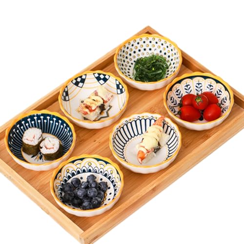 6 Pack 3 oz Small Soy Sauce Dish Ceramic Dipping Sauce Bowls | Moroccan Style/Yellow/Cute/Mini Dipping Bowls for Sushi,Side Dish,Ketchup,Dips,Condiment,Snack/BBQ Party/Stackable - color: Yellow