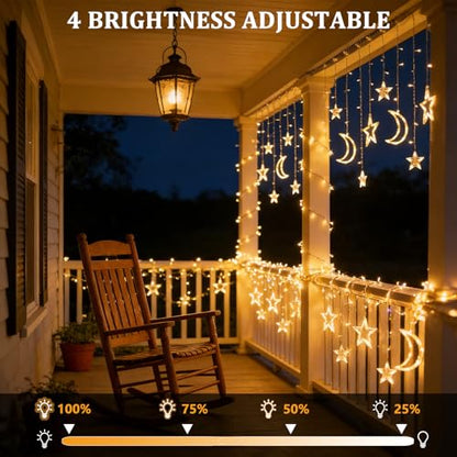 138 LED Star Moon Lights, Twinkle Christmas Curtain String Lights with 8 Modes, Battery Operated Fairy Star Moon with Hooks, Hanging Decor for Ramadan, Bedroom, Wedding, Warm White - size: 138 LED