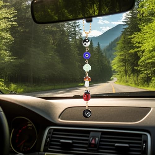 Evil Eye Car Hanging Ornament, Car Mirror Hanging Accessories Good Lucky Days Charm Decor with Four-Leaf Clover Ladybug 8 Ball Mushroom Yin Yang Symbo and Boho Car Accessories for Keychain Cellphone