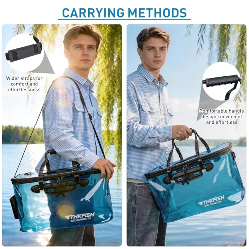 THKFISH Foldable Transparent Fishing Bucket, 8 Gallon Foldable Bait Bucket, Live Fish Container Multi-Functional Bait Bucket, Live Bait Fishing Bucket for Saltwater, Camping (8Gallon) - size: 8Gallon with Aerator