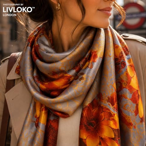 LONDON Women’s Satin Silky Scarf Gift Box Large Lightweight Silky Smooth Shawl Wrap for Hair, Head, Neck or Hijab - color: Orange Flowers - Box