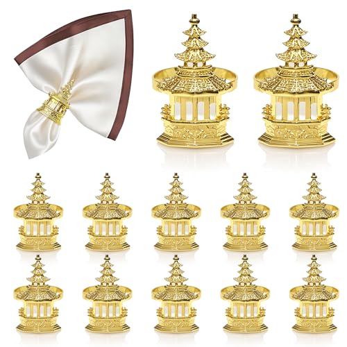 Gold Chinoiserie Pagoda Napkin Rings Set of 12 Asian Tower Napkin Holder for Christmas Thanksgiving New Year Chinese Japanese Themed Wedding Party & Holiday Gatherings Dining Table Decor - style: Pagoda