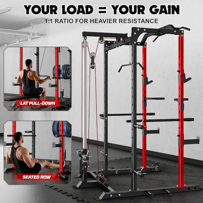 C1-V4 Power Cage, 2000LBS Squat Rack with LAT Pulldown, Multi-Function Weight Cage Strength Training Machine, Workout Cage with More Attachments for Home Gym Garage - style: C1 Pro (Aluminum Pulleys)
