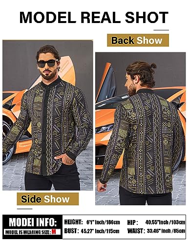 African Shirt Men African Attire Print Long Sleeve Dashiki for Men - color: Gold Black Geometric Print-long Sleeve, size: Large