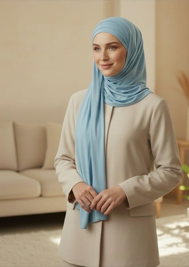 Cotton Modal Jersey Hijab with Matching Undercap, Women's Casual Style, 180cm × 70cm - color: Sky Blue