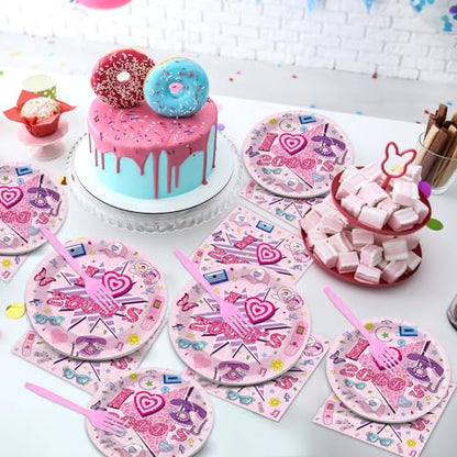 Qyeahkj 100Pcs 2000s Y2K Pink Decorations Party Supplies 90s Plates Napkins Disposable 1990s Tableware Dinnerware Birthday for 90's Kids Bachelorette Favor - style: Pink Y2K