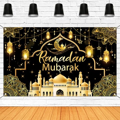 Mocsicka Ramadan Mubarak Banner Backdrop for Muslim Ramadan Kareem Banner Eid al-Fitr and Eid al-Adha Ramadan Kareem Background for Photography (Black and Gold, 70.8x43.3 inch) - color: Black and Gold