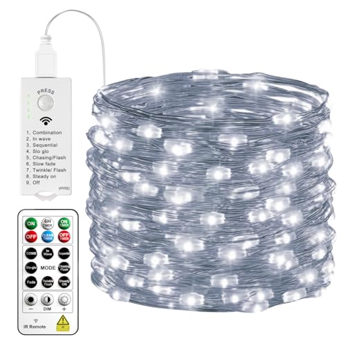 HXWEIYE Rechargeable Fairy Lights with Remote & DIY Timer, 33ft 100LED Battery Operated Twinkle String Lights, 8 Modes Decor Light for Bedroom Indoor Wedding Dorm Christmas Tree Party (White) - color: White, size: 1 Pack