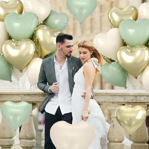 Sage Green Gold Heart Balloons, 10PCS Cream Foil for Jungle Baby Shower - color: Sage Green Gold