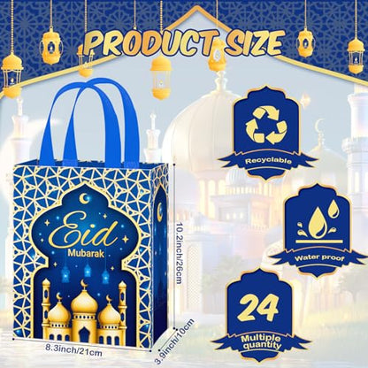 Clysee 24 Pcs Eid Mubarak Reusable Gift Bags With Handles - 6 Colors Non-Woven Ramadan Treat Bags - 10.2 x 8.3 x 3.9 Inch Tote for Gifts Wrapping