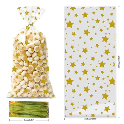 Totelux Star Cellophane Gift Bags 50PCS Clear Candy Bags Plastic Treat Goodies Bags with Ties for Cookies Gift Packaging Birthday Party Supplies Gold