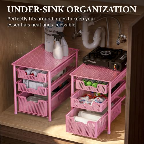 Simple Houseware Stackable 3 Tier Sliding Basket Organizer Drawer, Pink - color: Pink, size: 3-Tier