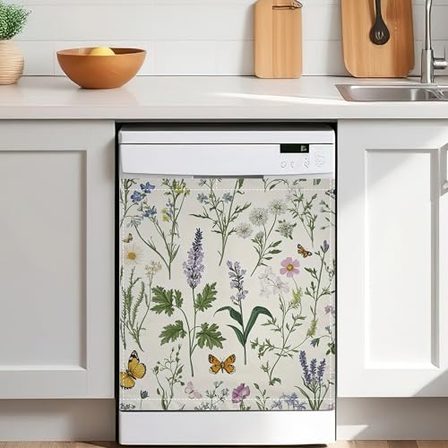 Wildflowers Floral Vintage Magnetic Dishwasher Cover 23x26 in,Butterfly Decorative Waterproof Dishwasher Door Cover,Refrigerator Panel Sticker for Kitchen Decor - color: Wildflowers Floral Vintage Butterfly