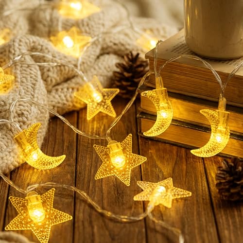 Whimsigoth Star and Moon Decor String Lights, Indoor Bedroom Classroom Dorm Patio Party Wedding Decor, Warm White (9ft Battery Powered) - size: 9ft Battery