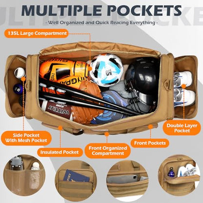 135L Large Duffle Bag, Heavy Duty Duffle Bag for Travel, Extra Large Sports Gym Equipment Bag for Soccer Baseball Basketball Hockey Football, Brown - color: Brown