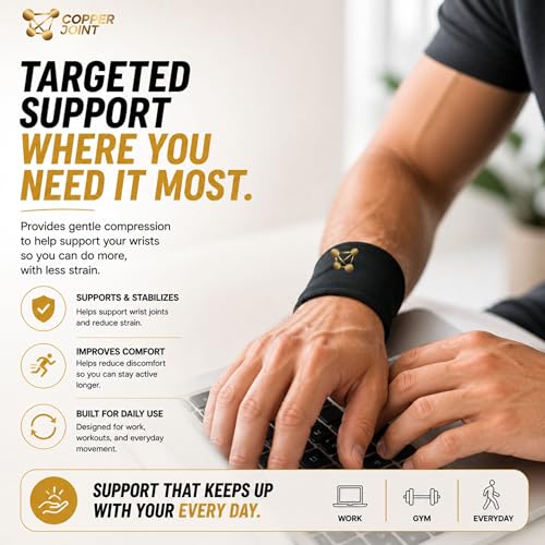 CopperJoint Compression Wrist Sleeve – Copper Hand Brace, Copper Wrist Compression Sleeve, Weight Lifting Wrist Support Brace, Hand Support for Sore Muscles, Yoga, Bowling, Sports - 1 Pair Large - size: Large