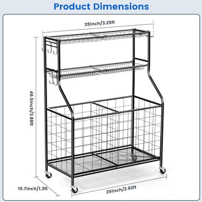 Kinghouse Sport Equipment Organizer for Garage, Steel Basketball Rack with Bat Holder and Hooks, Easy Assembly Storage for Balls, Kids' Toys, Workout Gear, Home Gym, Outdoor