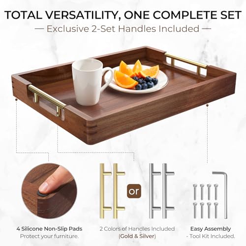 Acacia Wood Serving Tray with 2 Sets of Handles (Gold & Silver) - 17" Large Wooden Tray for Ottoman Coffee Table, Decorative Tray for Living Room & Kitchen - Solid Wood Table Topper